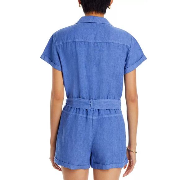 BELLA DAHL WOMENS MEDIUM 100% LINEN ROLLED HEM UTILITY SHORT ROMPER BLUE NEW - Picture 2 of 15